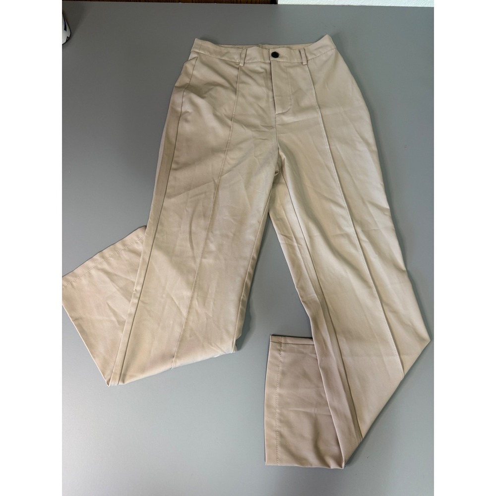 SHEIN Women Beige High Waisted Straight Leg Front Seam Trousers Size S 4